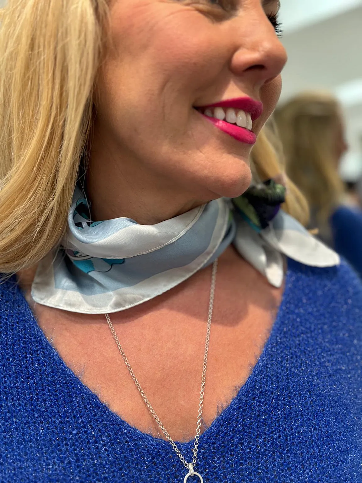 Blue Multi Pattern Silk Blend Scarf