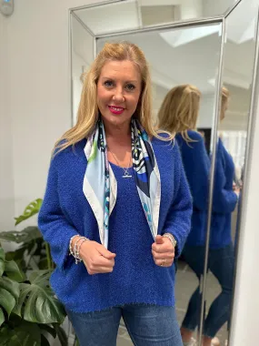 Blue Multi Pattern Silk Blend Scarf