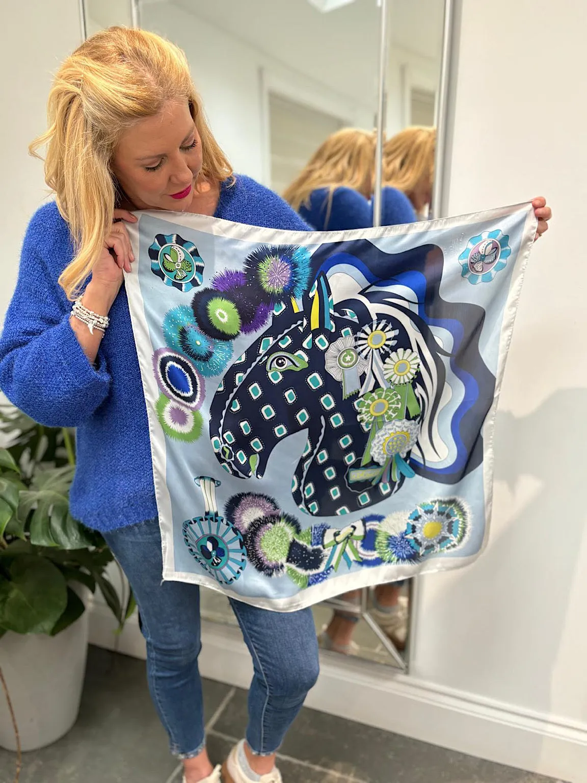 Blue Multi Pattern Silk Blend Scarf