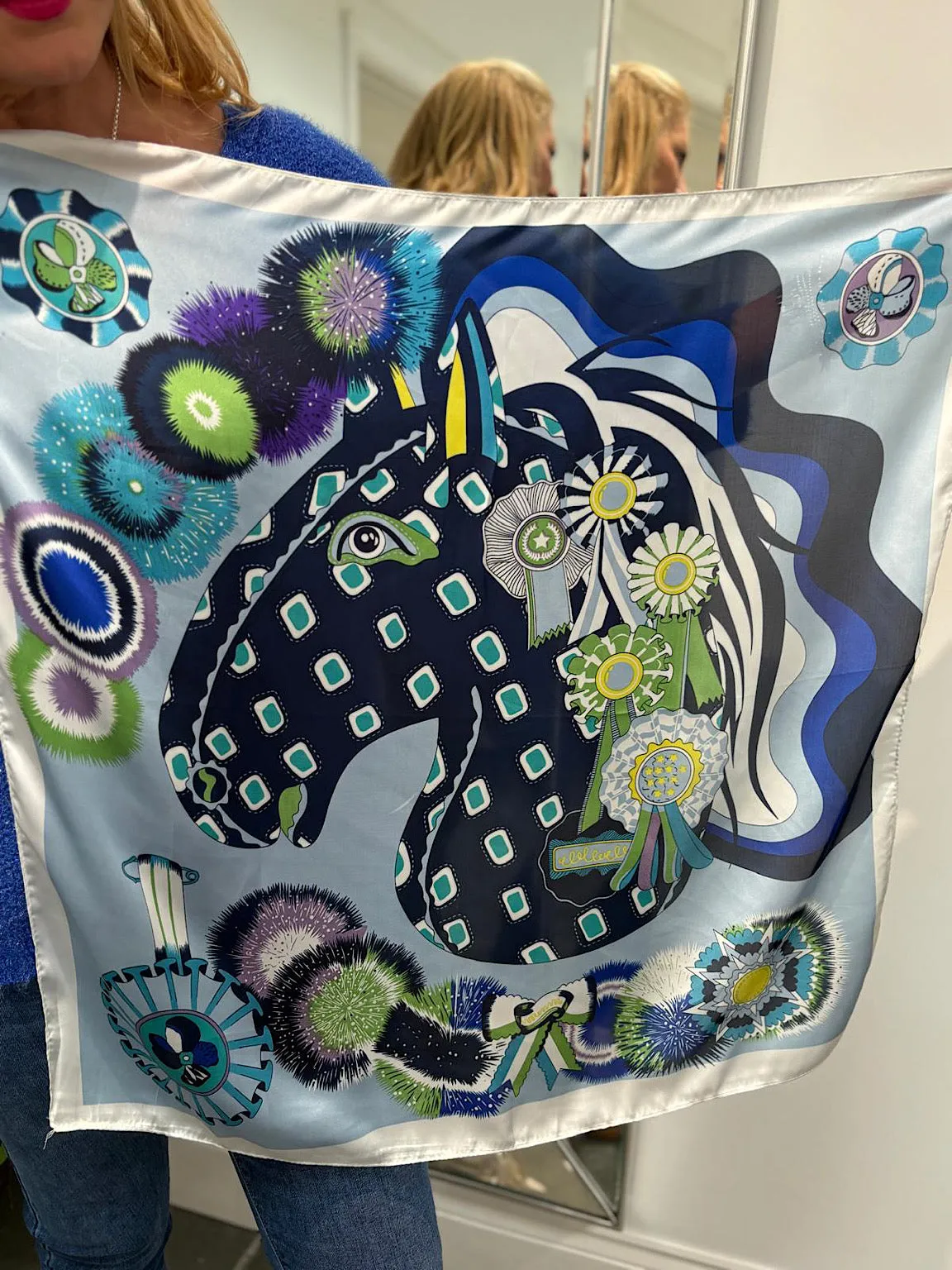 Blue Multi Pattern Silk Blend Scarf