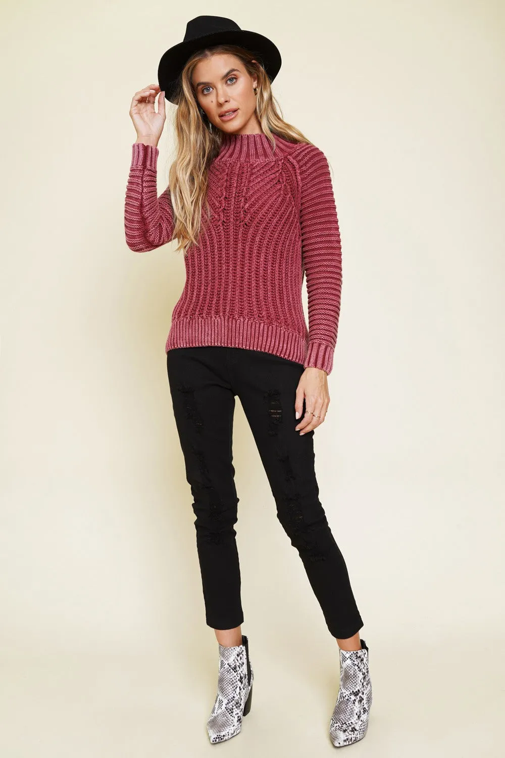 Chunky Ribbed Washed Mock Neck Slouchy Sweater