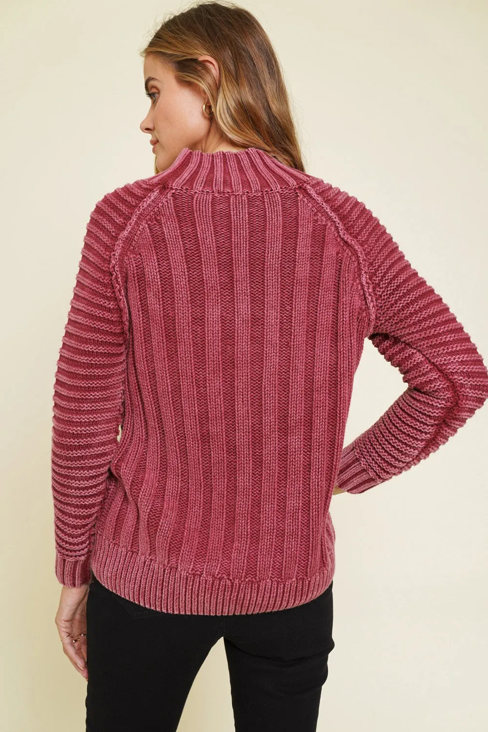 Chunky Ribbed Washed Mock Neck Slouchy Sweater