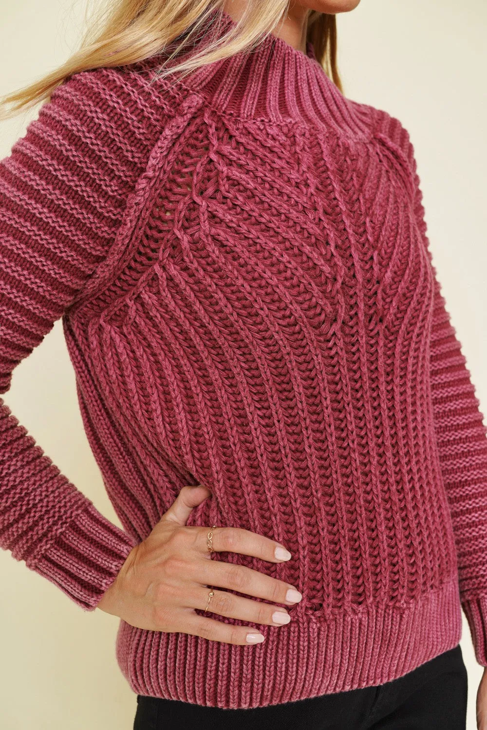 Chunky Ribbed Washed Mock Neck Slouchy Sweater