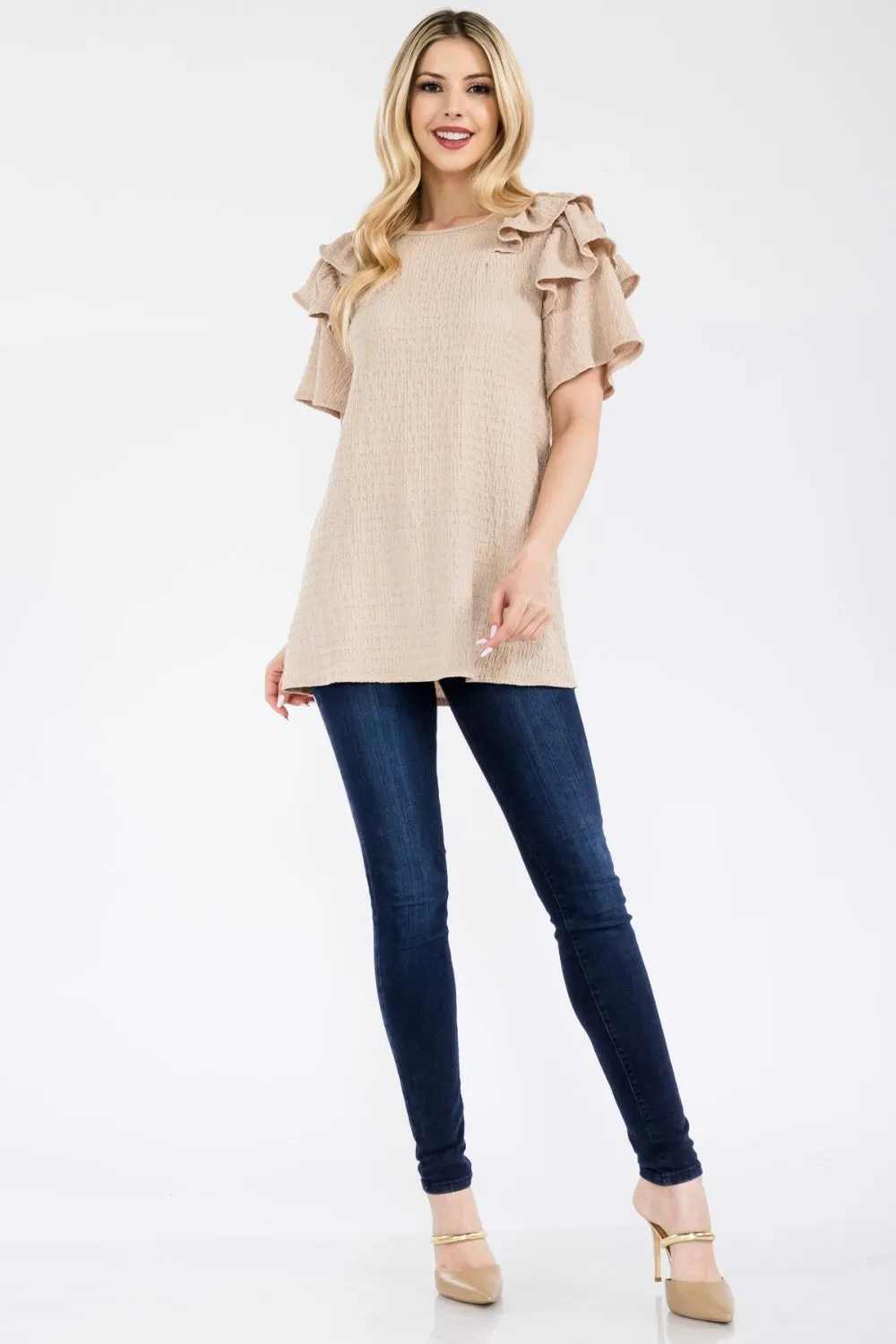 Full Size Ruffle Layered Short Sleeve Texture Top