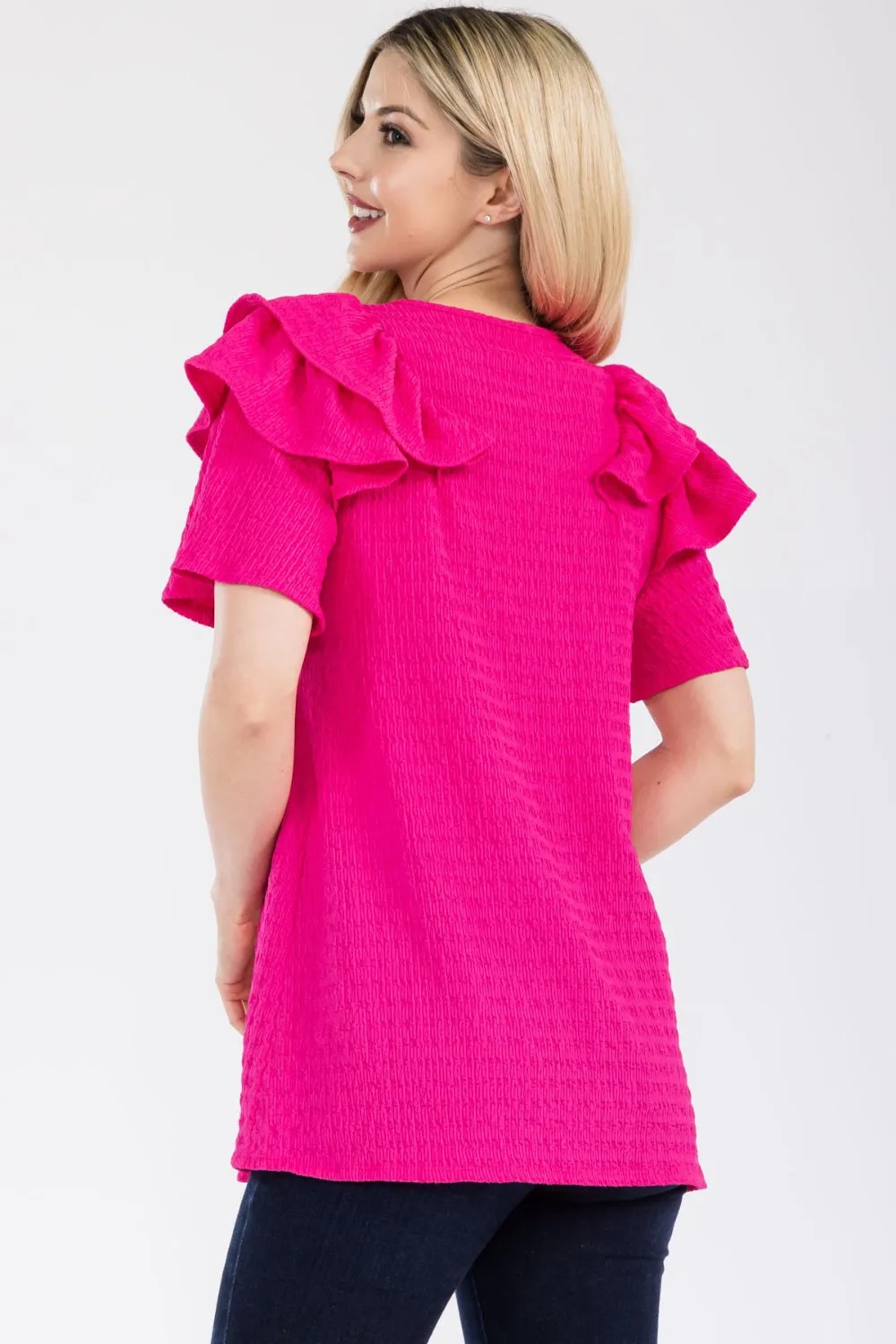 Full Size Ruffle Layered Short Sleeve Texture Top