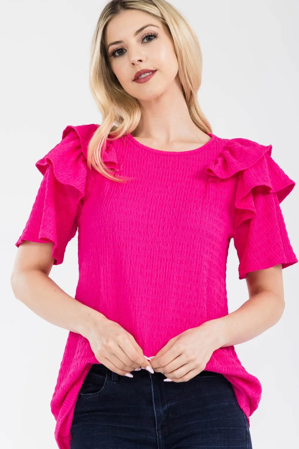 Full Size Ruffle Layered Short Sleeve Texture Top