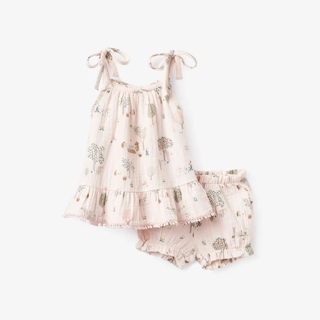 Garden Picnic Lace Edge Organic Muslin Tie Top   Bloomer Set