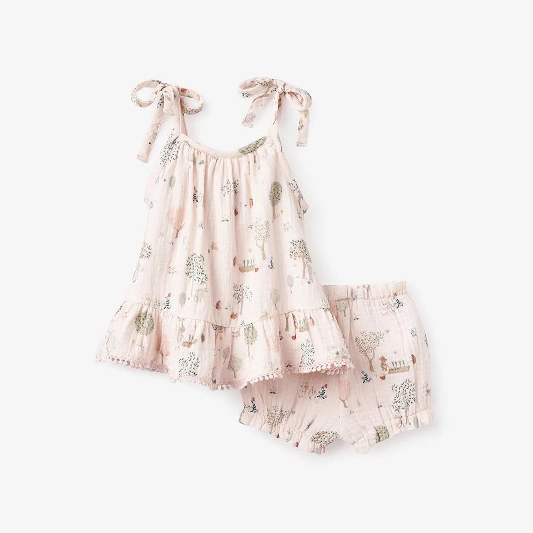 Garden Picnic Lace Edge Organic Muslin Tie Top   Bloomer Set