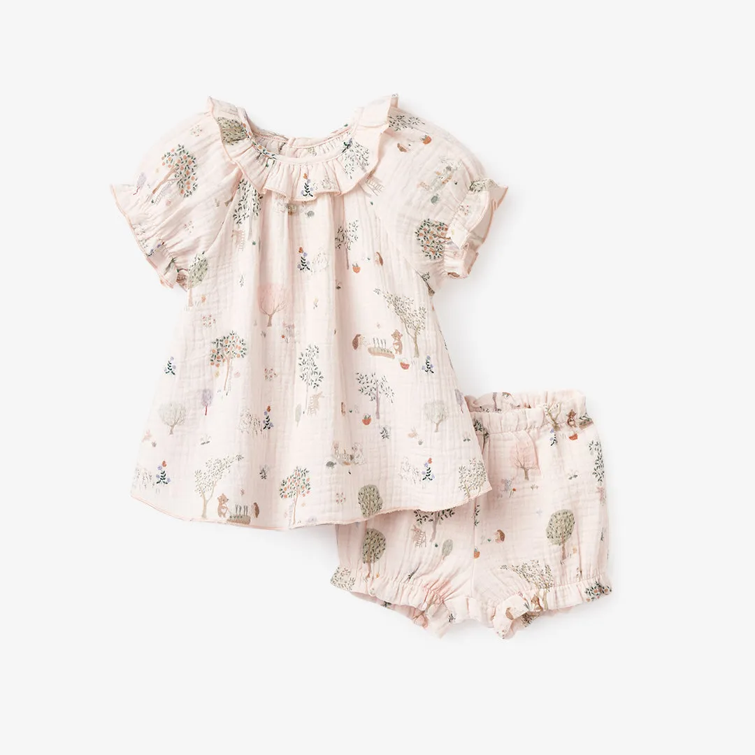 Garden Picnic Organic Muslin Ruffle Collar Top   Bloomer Set