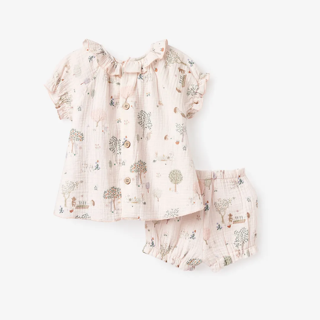 Garden Picnic Organic Muslin Ruffle Collar Top   Bloomer Set