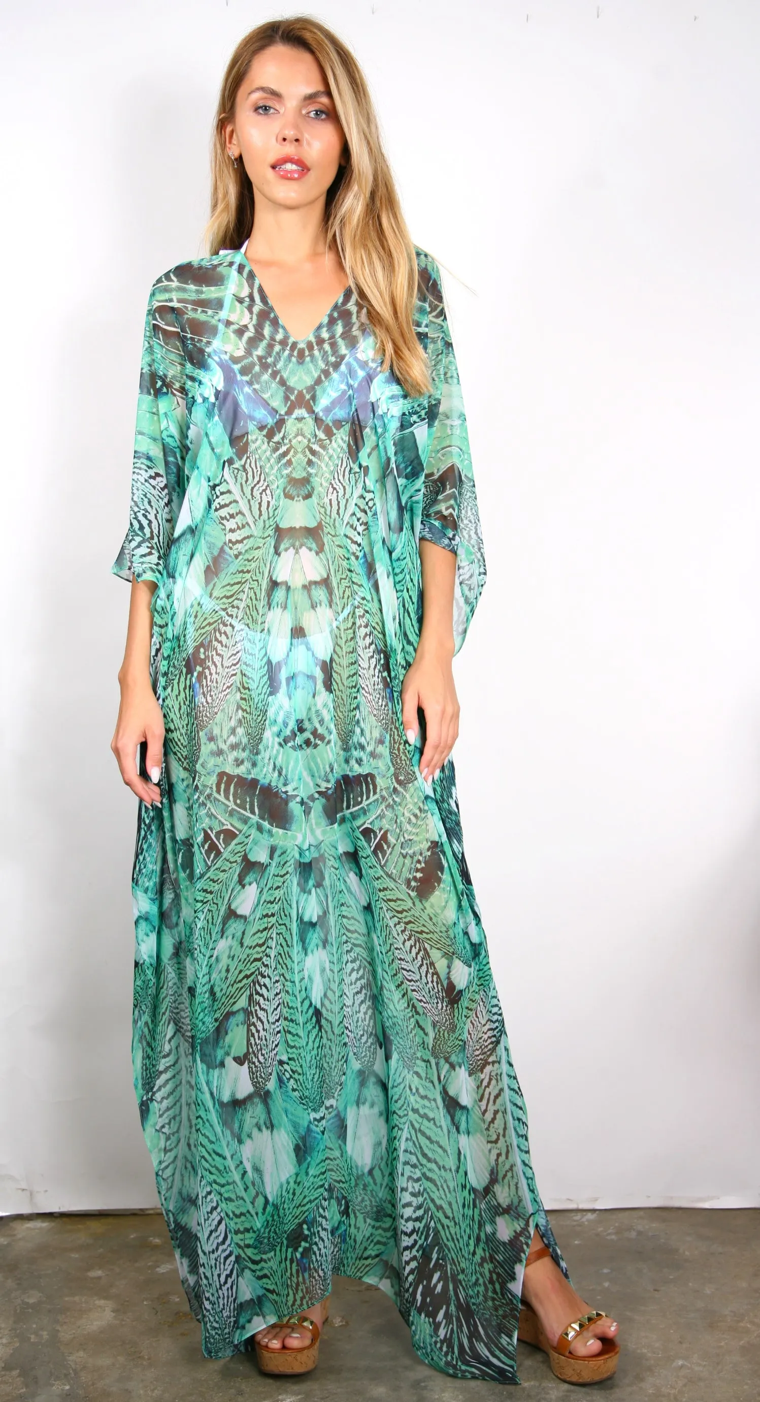Green Feather - Slit Maxi Poncho