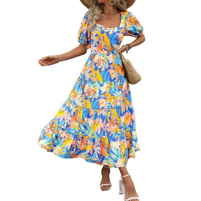 LovelyRLovely Woman Square-neck Layered Short Sleeve Printed Dress