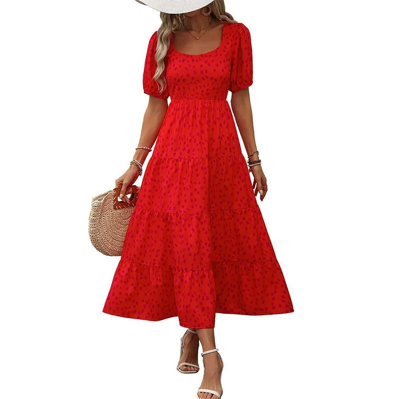 LovelyRLovely Woman Square-neck Layered Short Sleeve Printed Dress