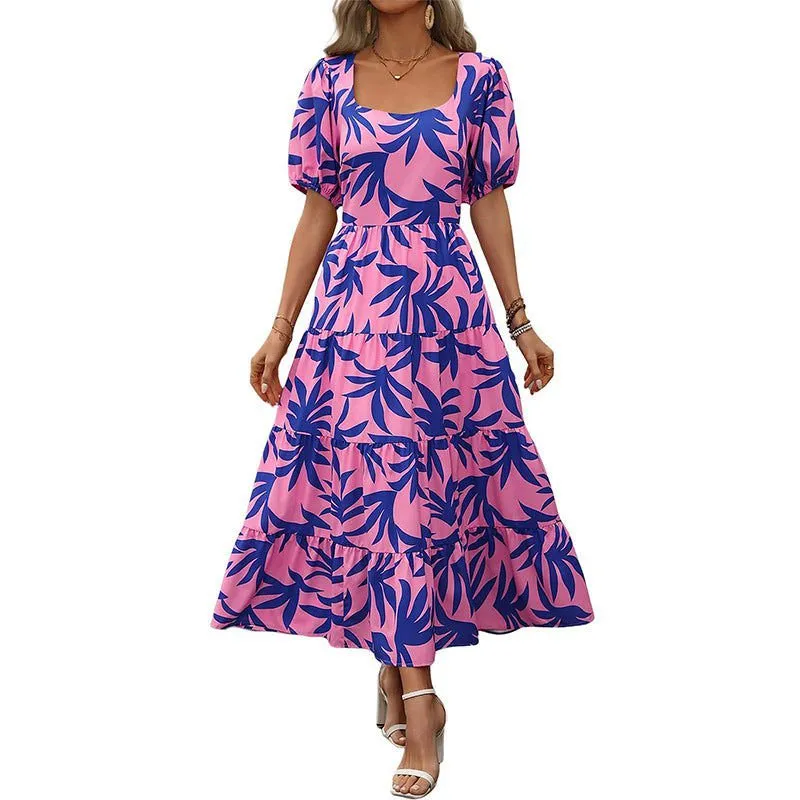 LovelyRLovely Woman Square-neck Layered Short Sleeve Printed Dress
