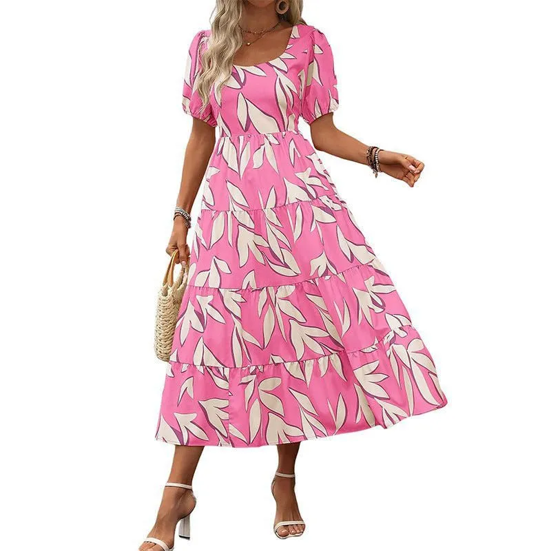 LovelyRLovely Woman Square-neck Layered Short Sleeve Printed Dress