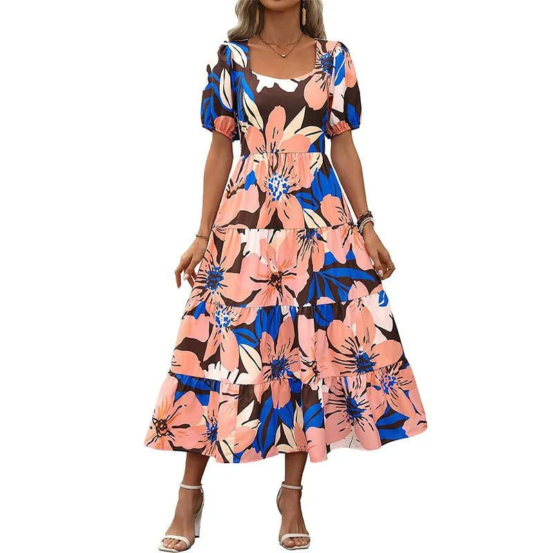 LovelyRLovely Woman Square-neck Layered Short Sleeve Printed Dress