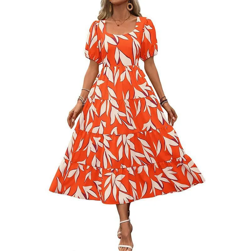 LovelyRLovely Woman Square-neck Layered Short Sleeve Printed Dress