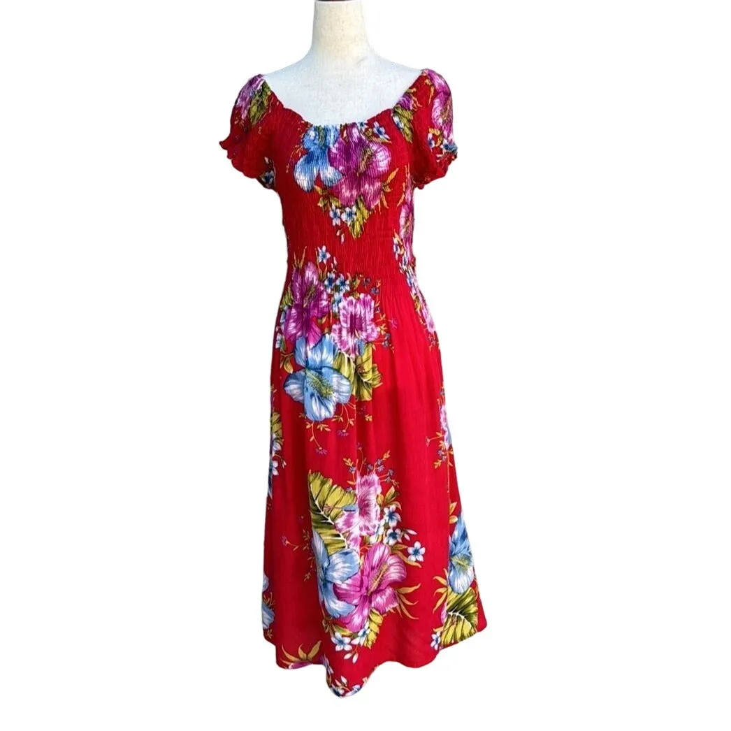 Mamta Women's Red Floral Elastic Stretch Top Full Skirt Tie Back Midi Dress - OS