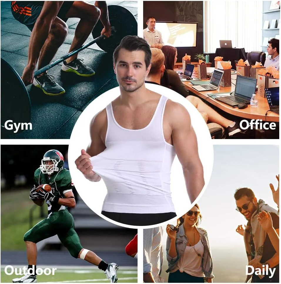 Men'S Body Shaper Slimming Shirt Tummy Vest Thermal Compression Muscle Tank Top Base Layer Slim Shapewear (White, XXL)