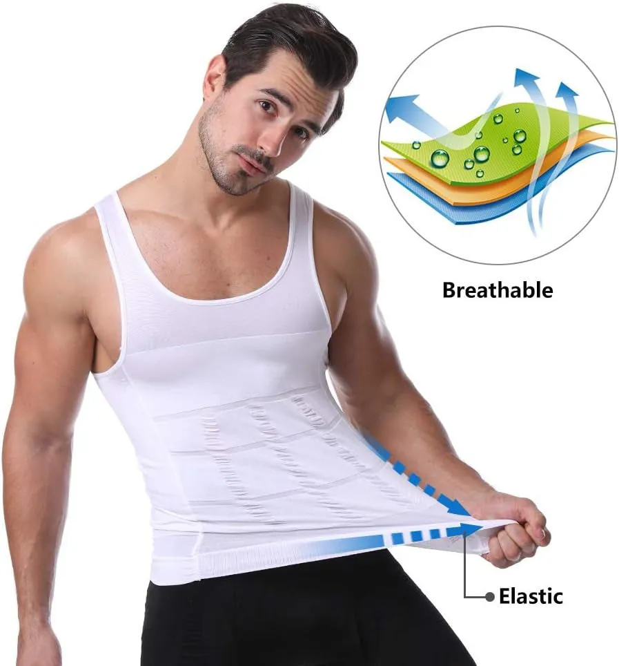 Men'S Body Shaper Slimming Shirt Tummy Vest Thermal Compression Muscle Tank Top Base Layer Slim Shapewear (White, XXL)