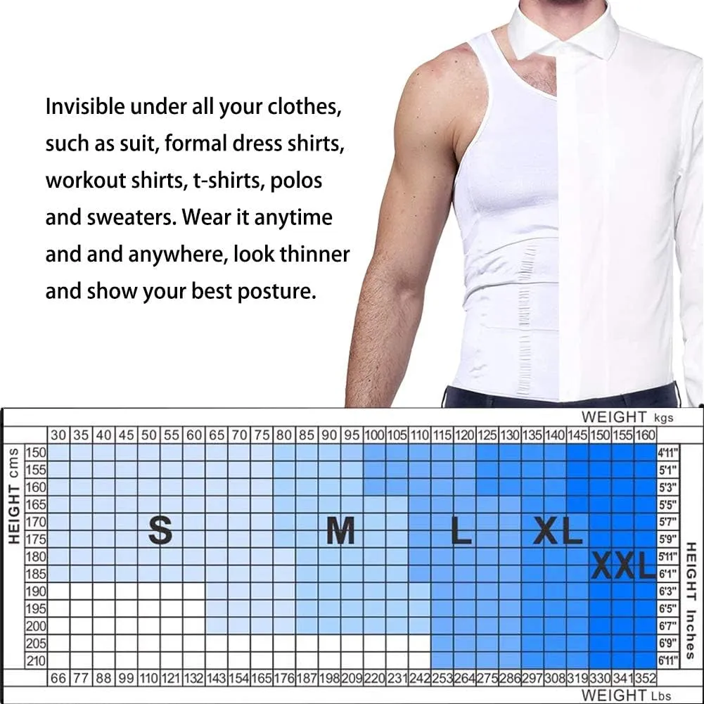 Men'S Body Shaper Slimming Shirt Tummy Vest Thermal Compression Muscle Tank Top Base Layer Slim Shapewear (White, XXL)