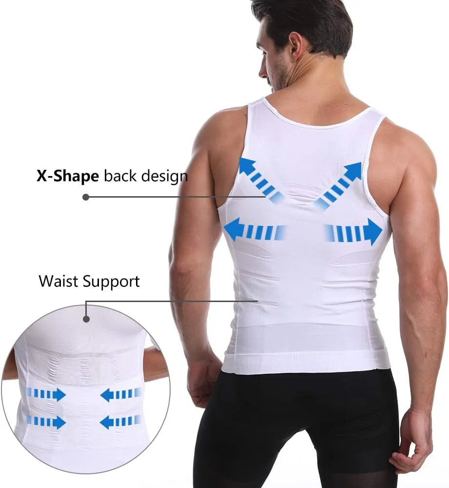 Men'S Body Shaper Slimming Shirt Tummy Vest Thermal Compression Muscle Tank Top Base Layer Slim Shapewear (White, XXL)