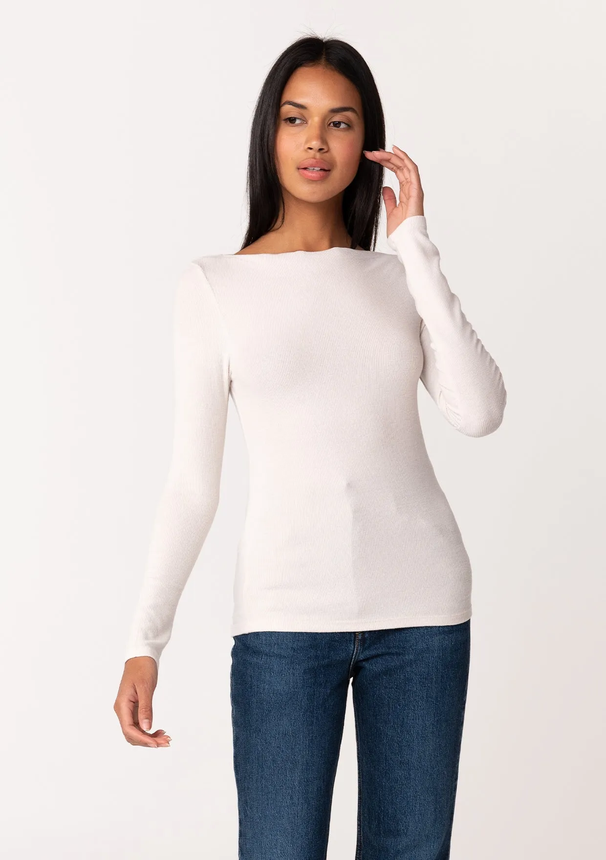 Micro Rib Long Sleeve Boat Neck Pullover