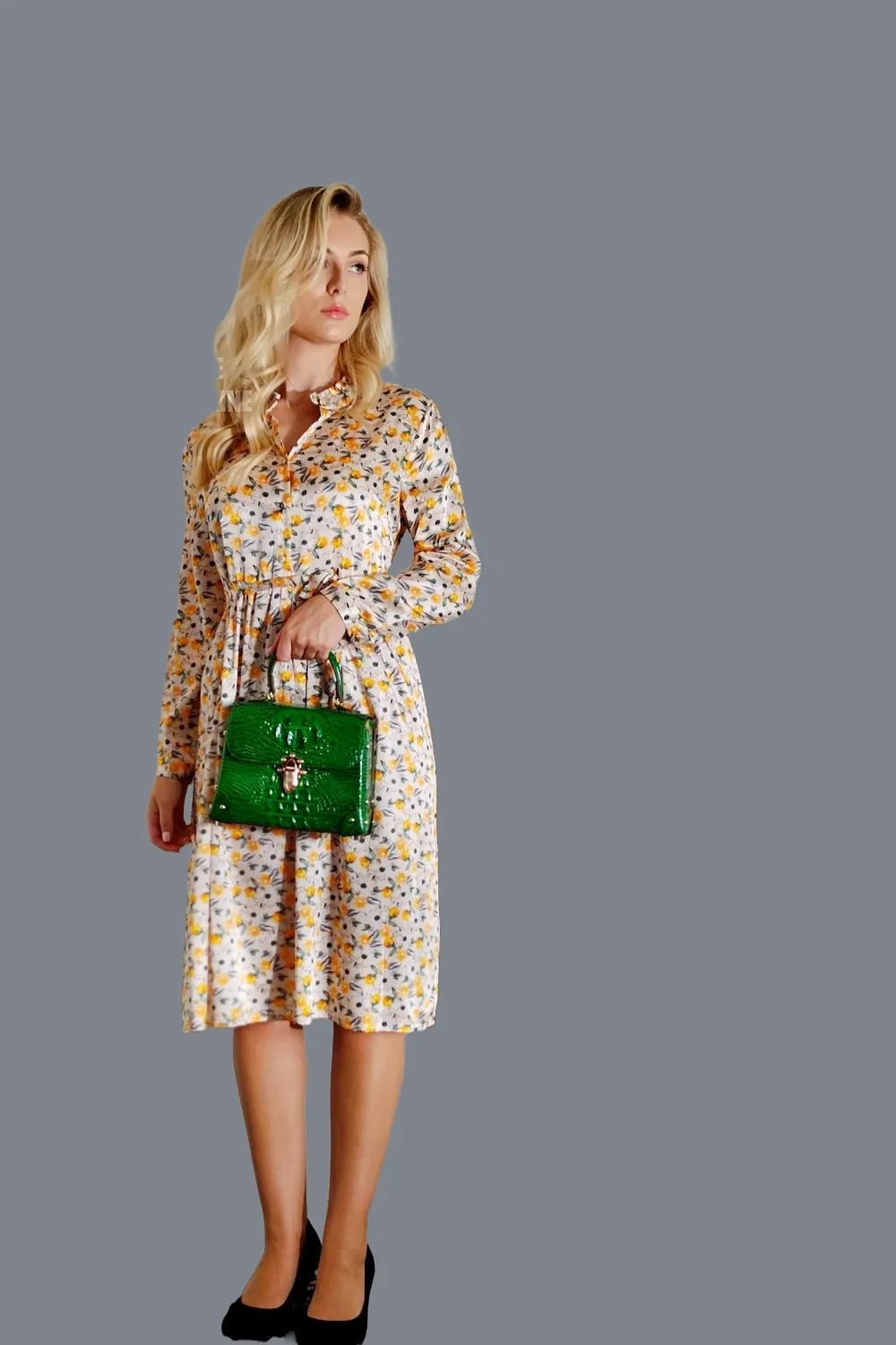 Mulberry Silk Dress with long Sleeves adorned with floral print in Soft Yellow