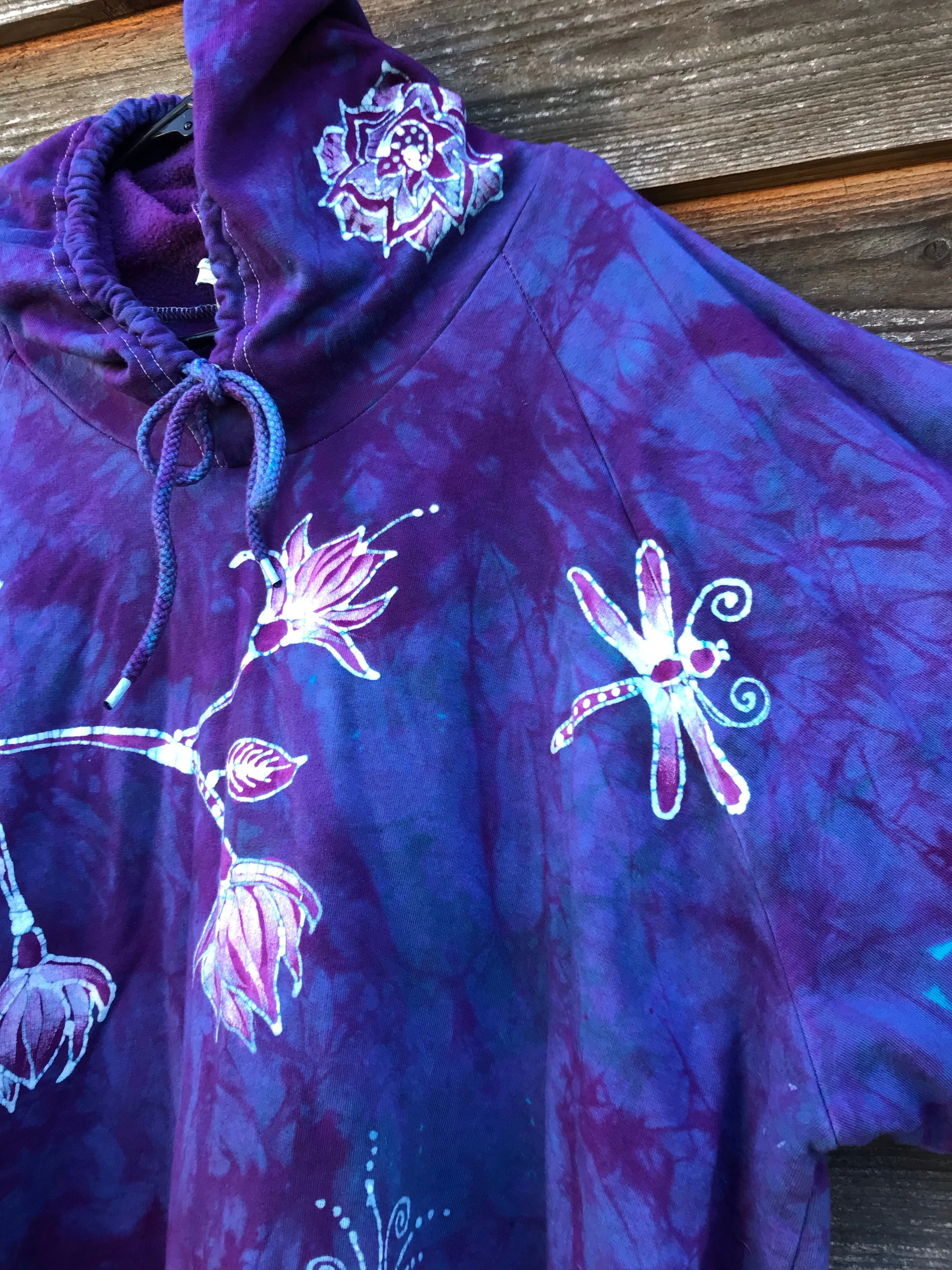 Purple Spring Flowers Pullover Batik Hoodie in Organic Cotton - Handmade Oversize in 3X