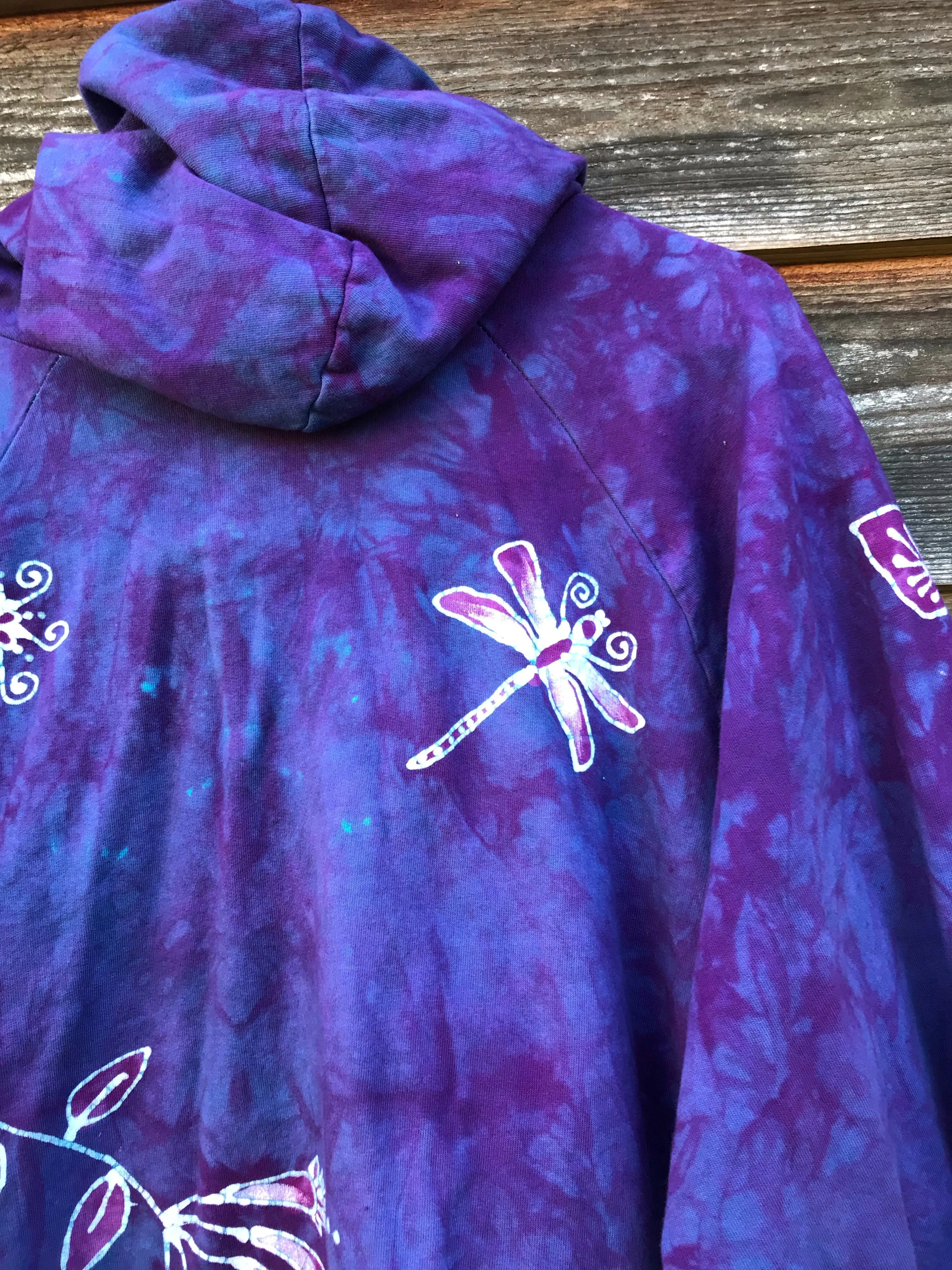 Purple Spring Flowers Pullover Batik Hoodie in Organic Cotton - Handmade Oversize in 3X