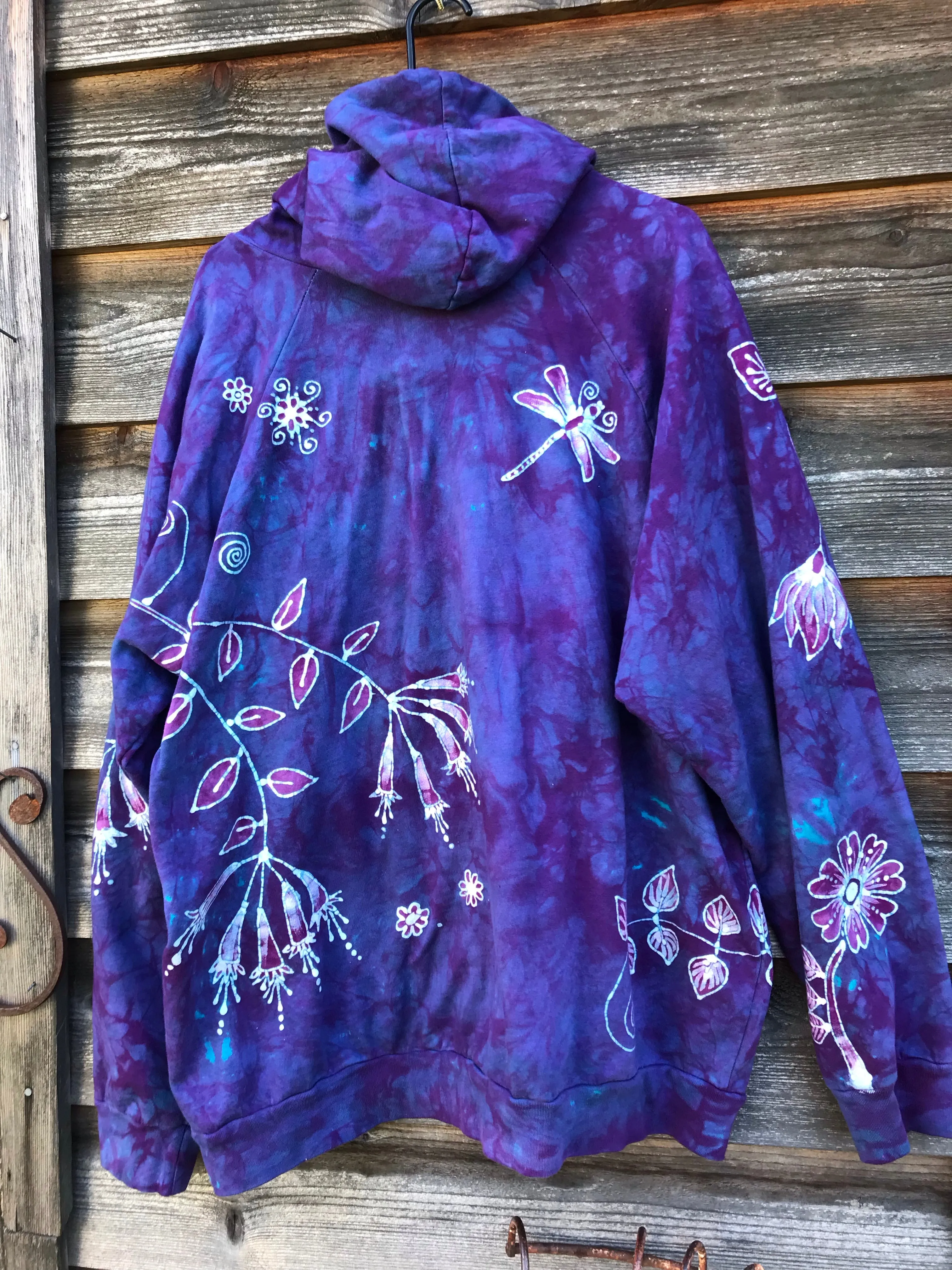 Purple Spring Flowers Pullover Batik Hoodie in Organic Cotton - Handmade Oversize in 3X
