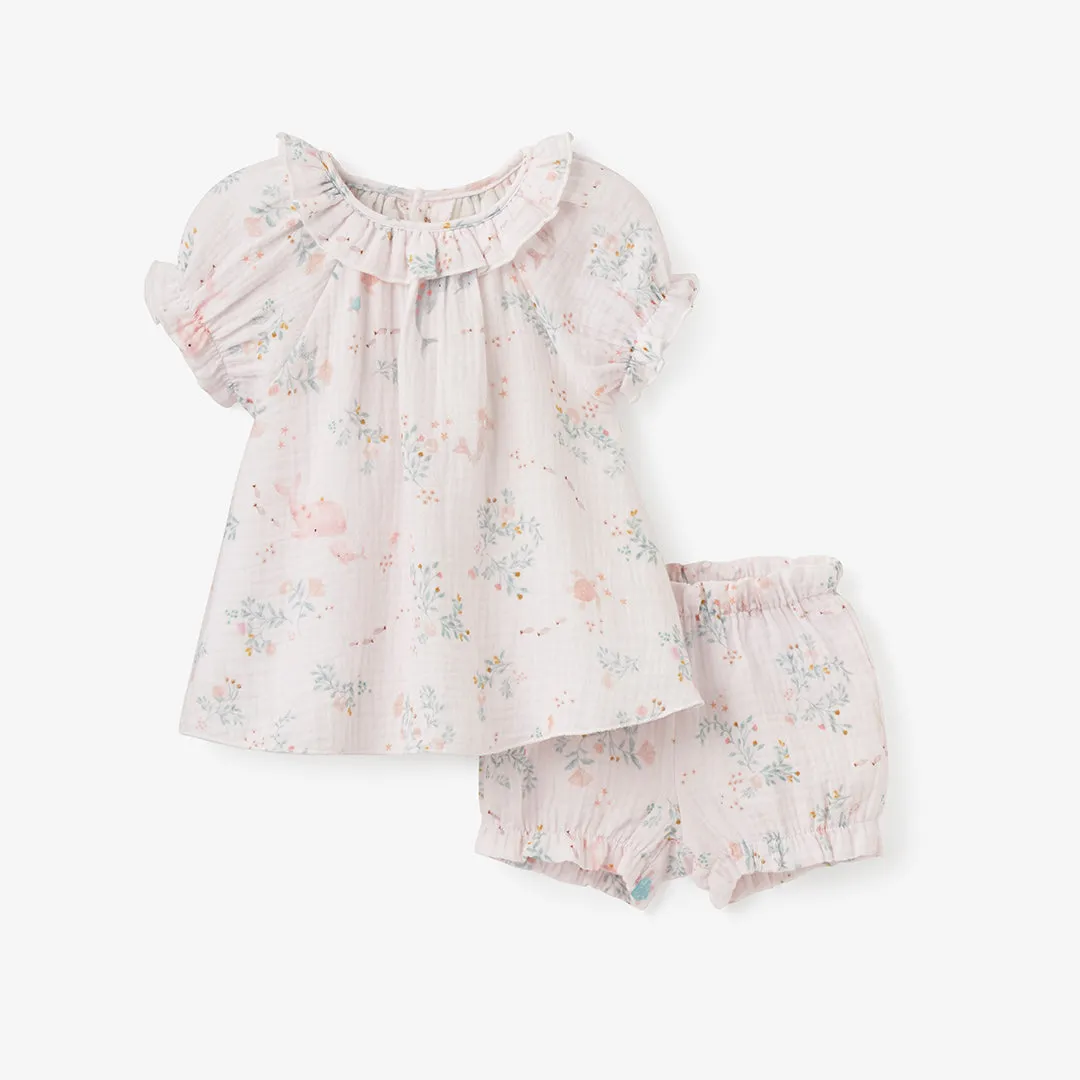 Sea Magic Organic Muslin Ruffle Collar Top   Bloomer Set