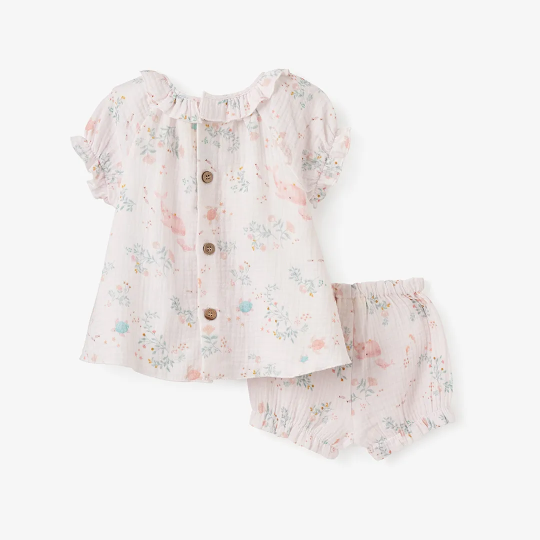 Sea Magic Organic Muslin Ruffle Collar Top   Bloomer Set
