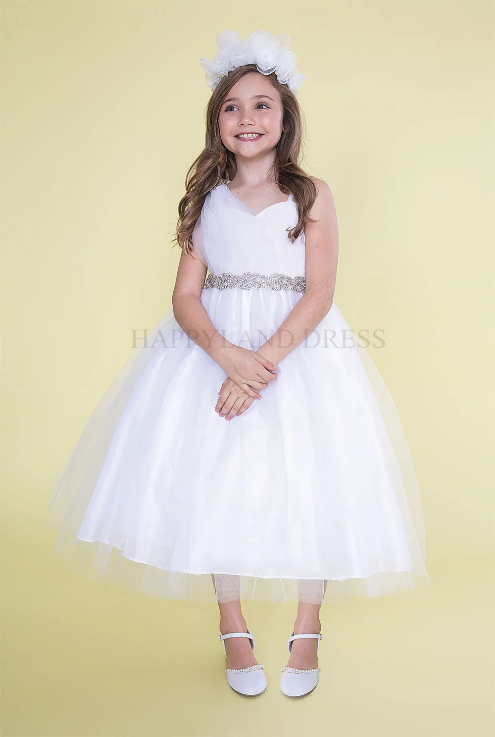 Silver Draped Shoulder with Rhinestone Tulle Dress #212760