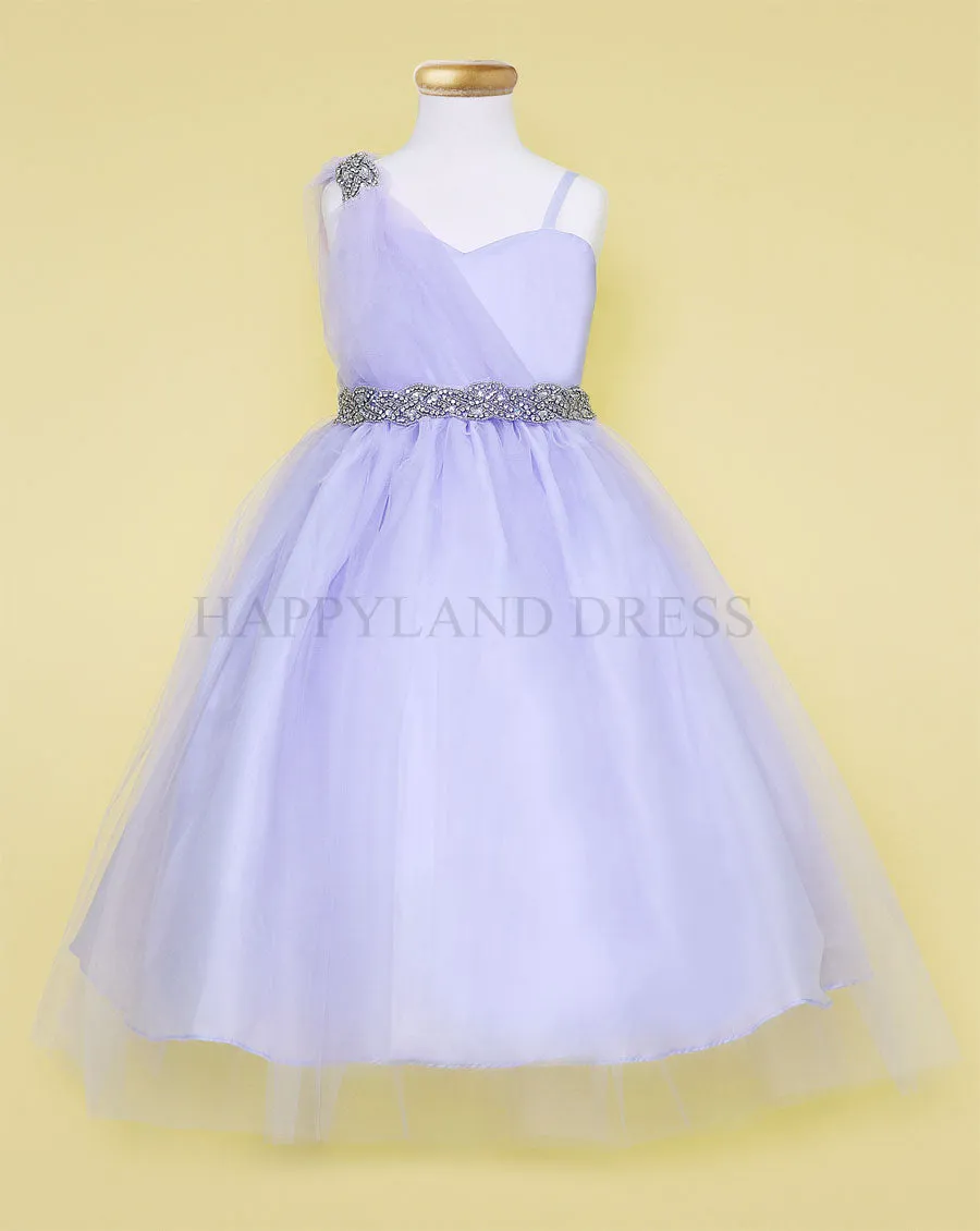 Silver Draped Shoulder with Rhinestone Tulle Dress #212760