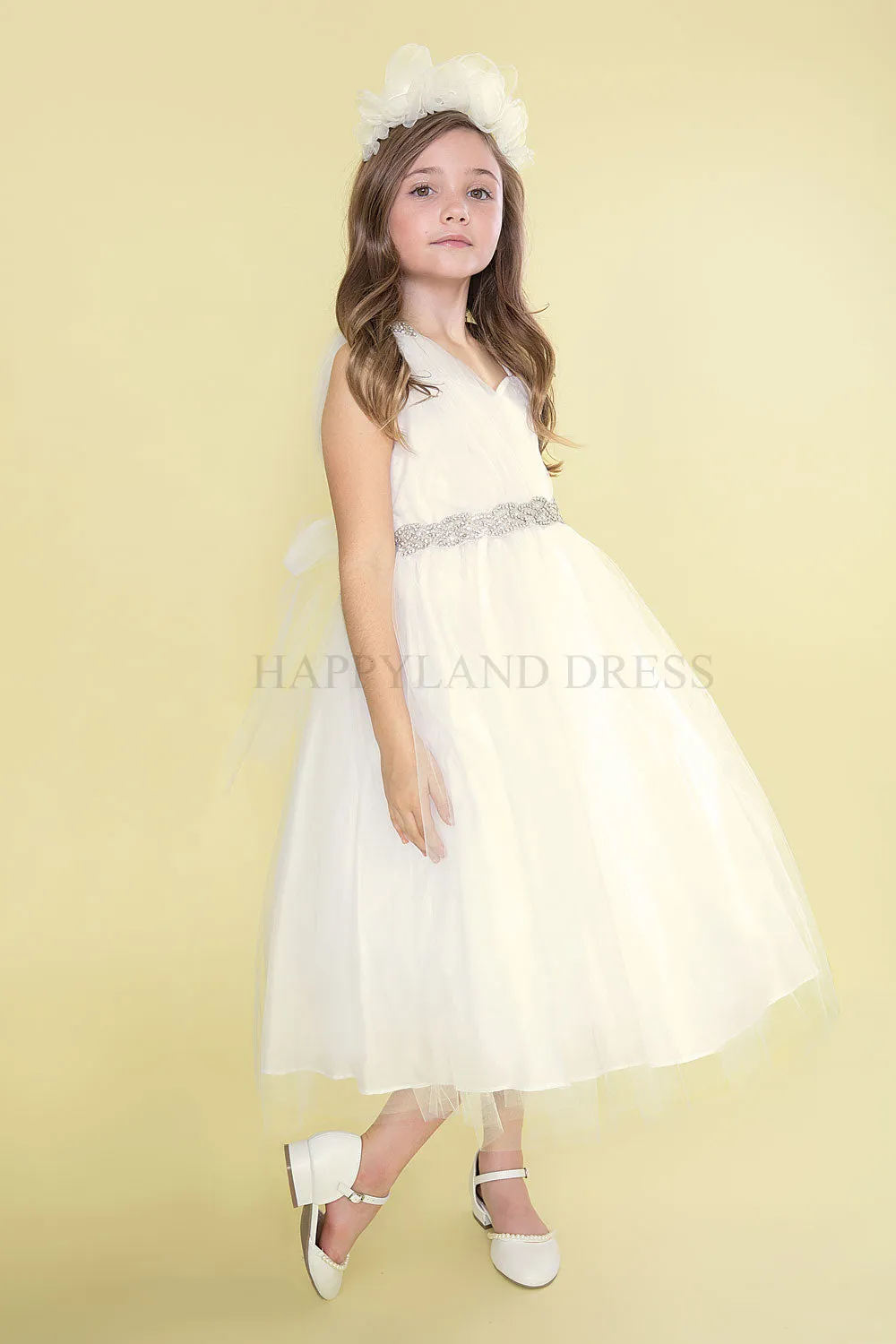 Silver Draped Shoulder with Rhinestone Tulle Dress #212760