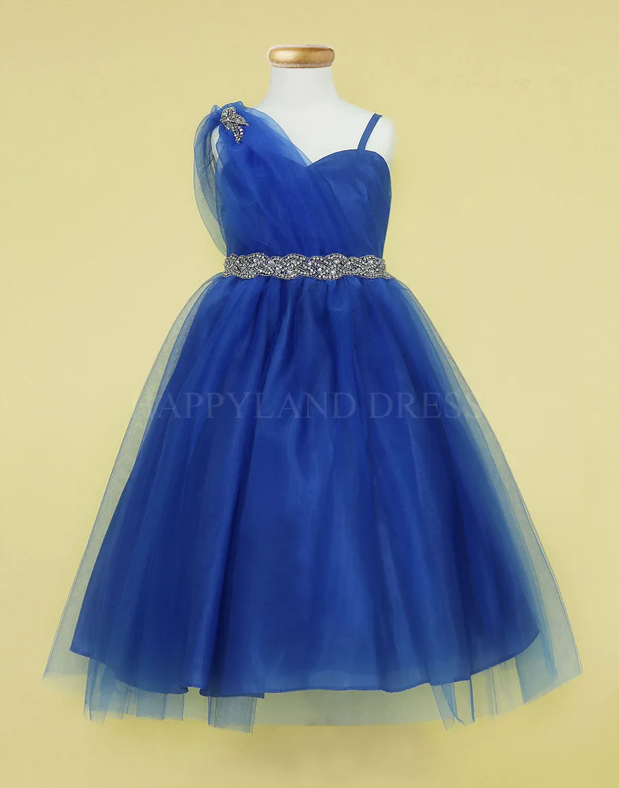 Silver Draped Shoulder with Rhinestone Tulle Dress #212760
