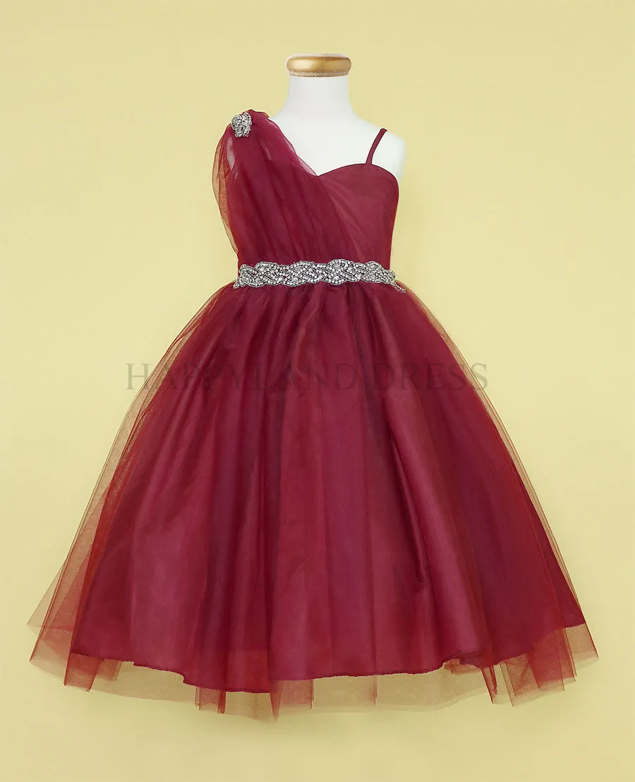 Silver Draped Shoulder with Rhinestone Tulle Dress #212760