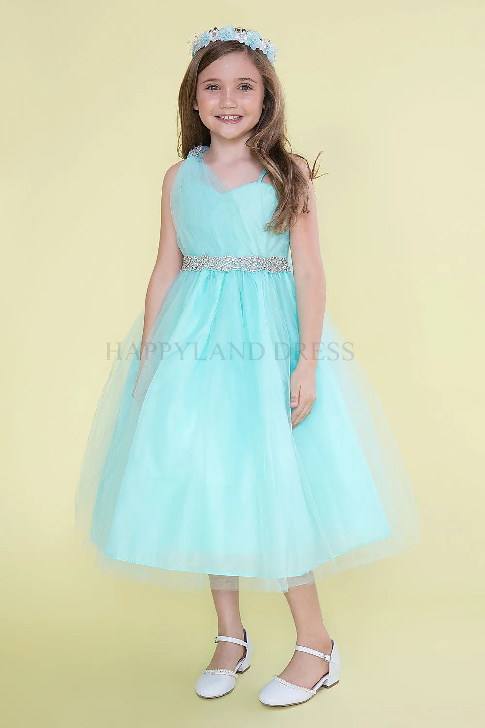 Silver Draped Shoulder with Rhinestone Tulle Dress #212760