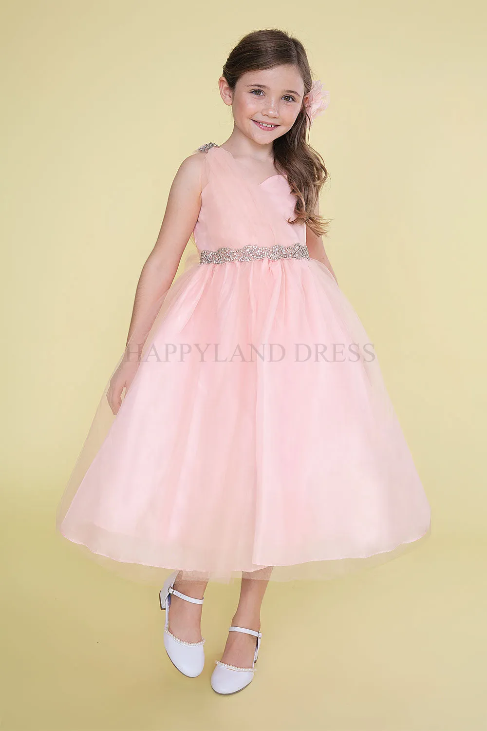 Silver Draped Shoulder with Rhinestone Tulle Dress #212760