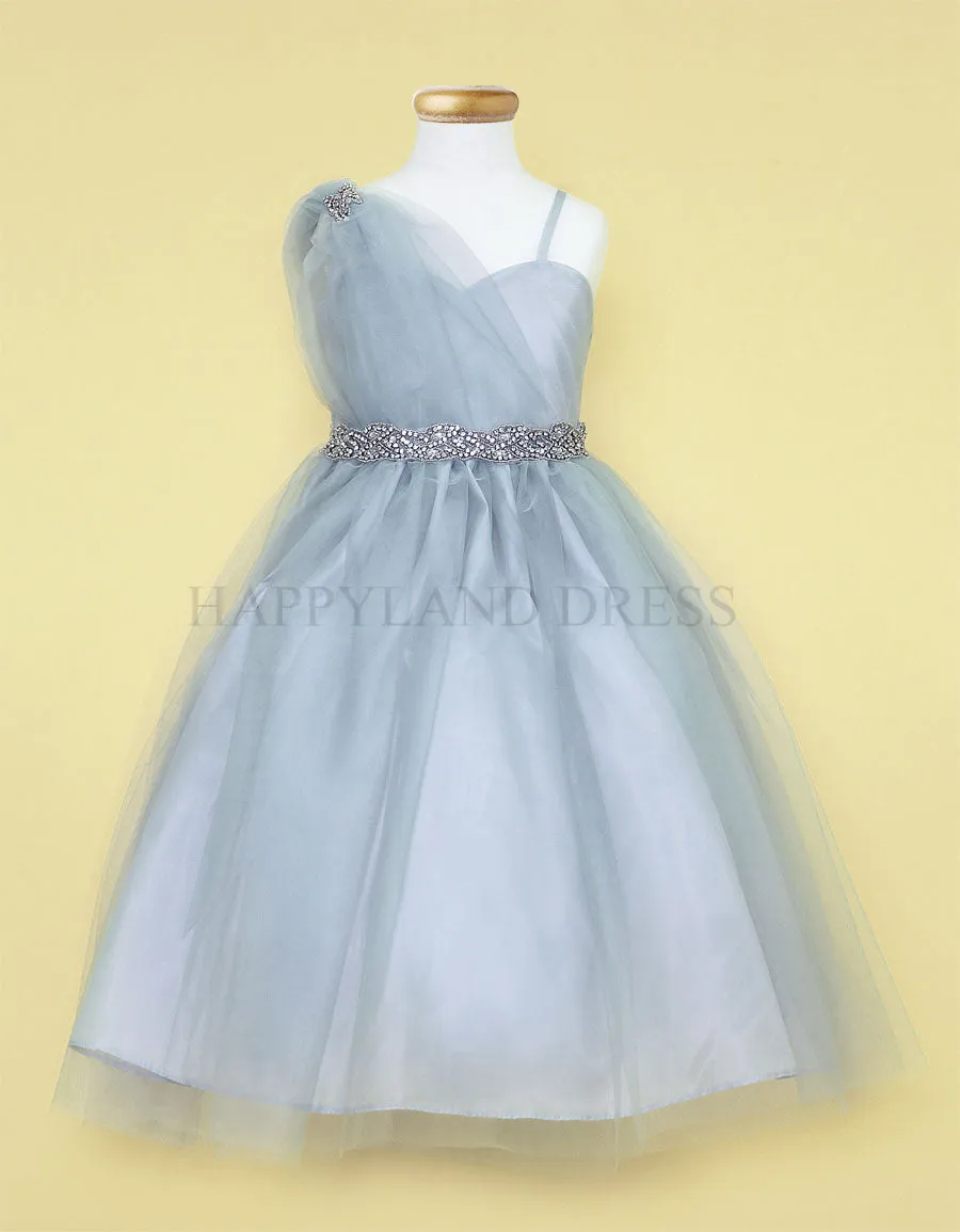 Silver Draped Shoulder with Rhinestone Tulle Dress #212760