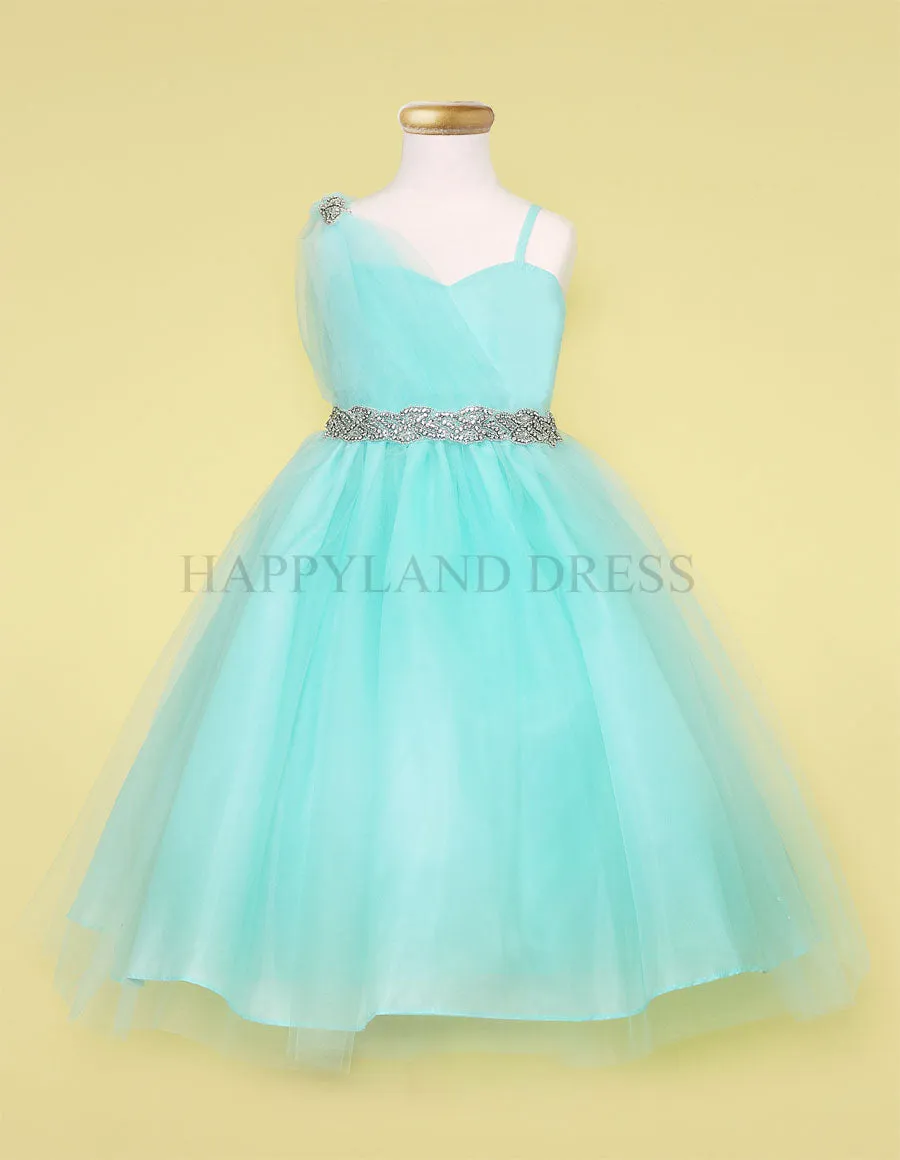 Silver Draped Shoulder with Rhinestone Tulle Dress #212760