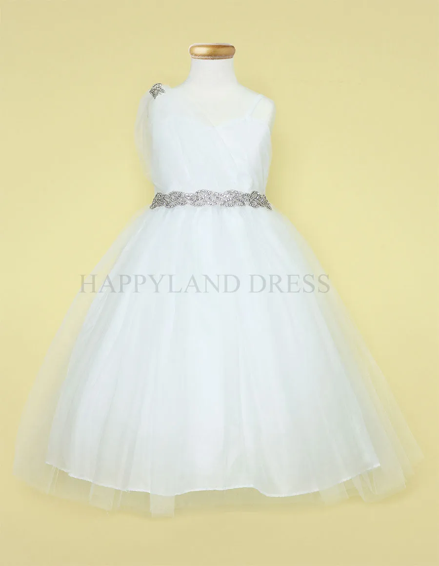 Silver Draped Shoulder with Rhinestone Tulle Dress #212760