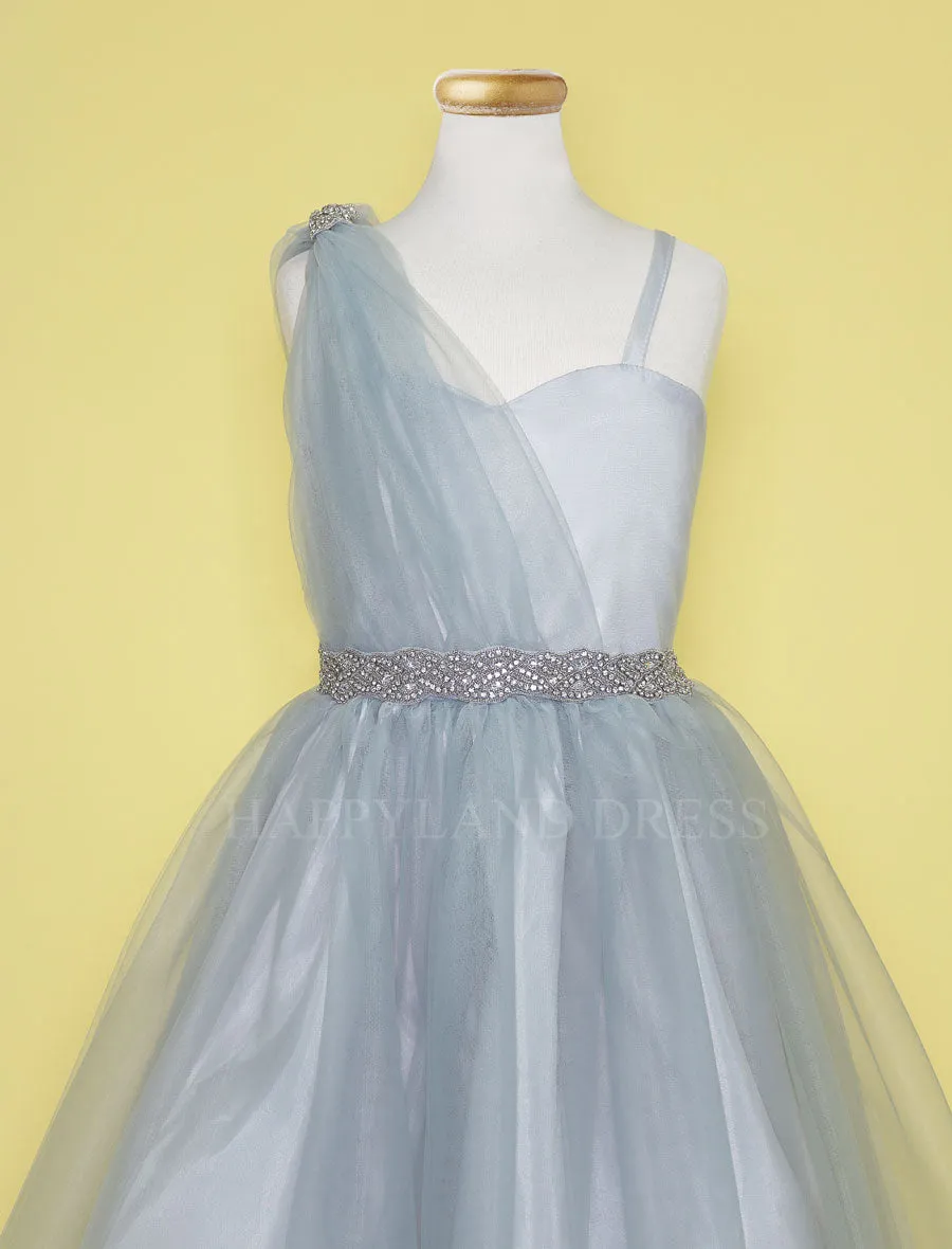 Silver Draped Shoulder with Rhinestone Tulle Dress #212760