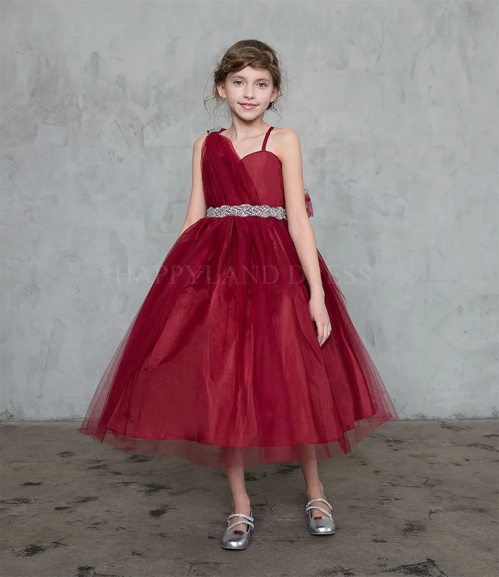 Silver Draped Shoulder with Rhinestone Tulle Dress #212760