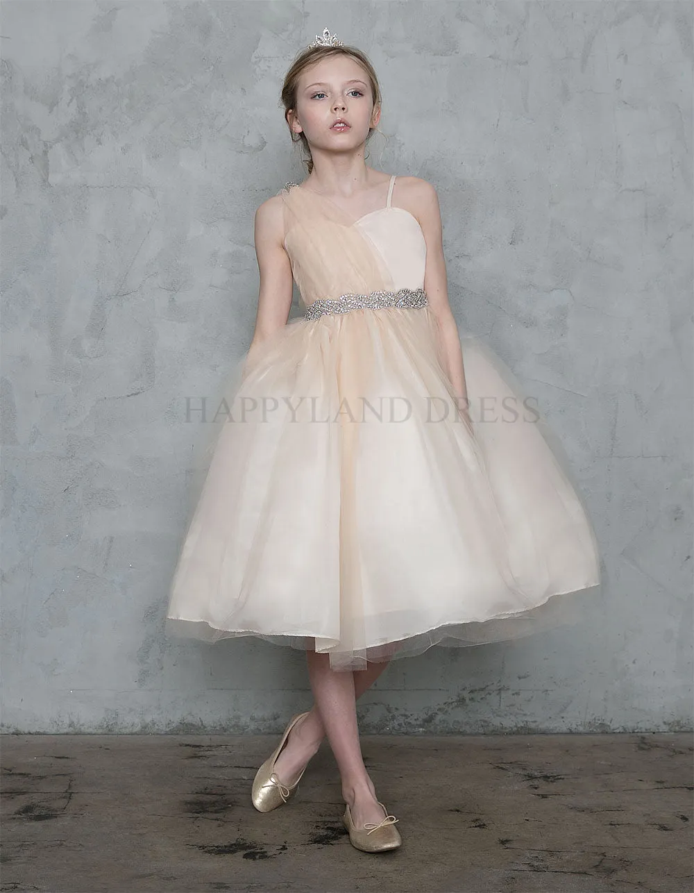 Silver Draped Shoulder with Rhinestone Tulle Dress #212760