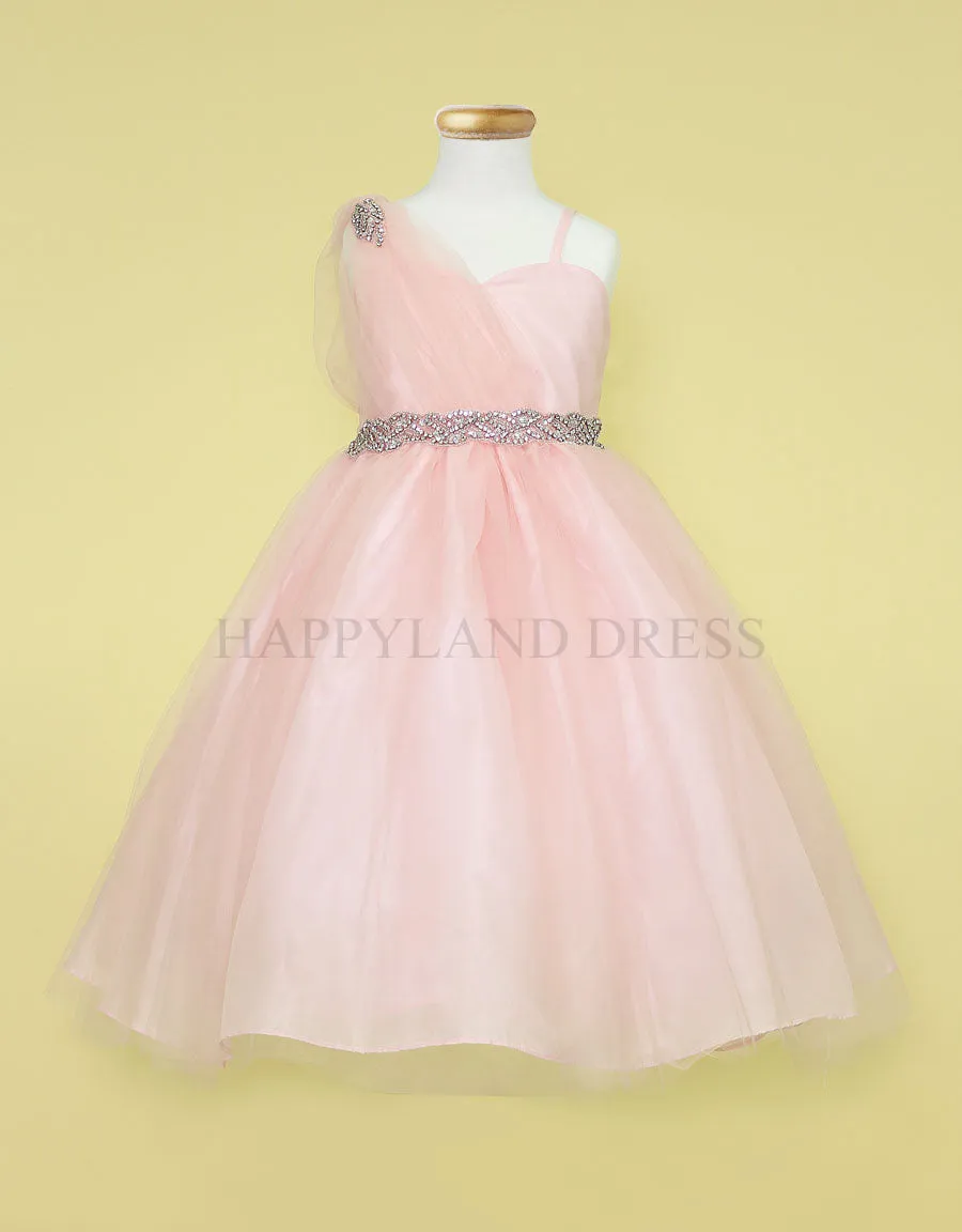 Silver Draped Shoulder with Rhinestone Tulle Dress #212760