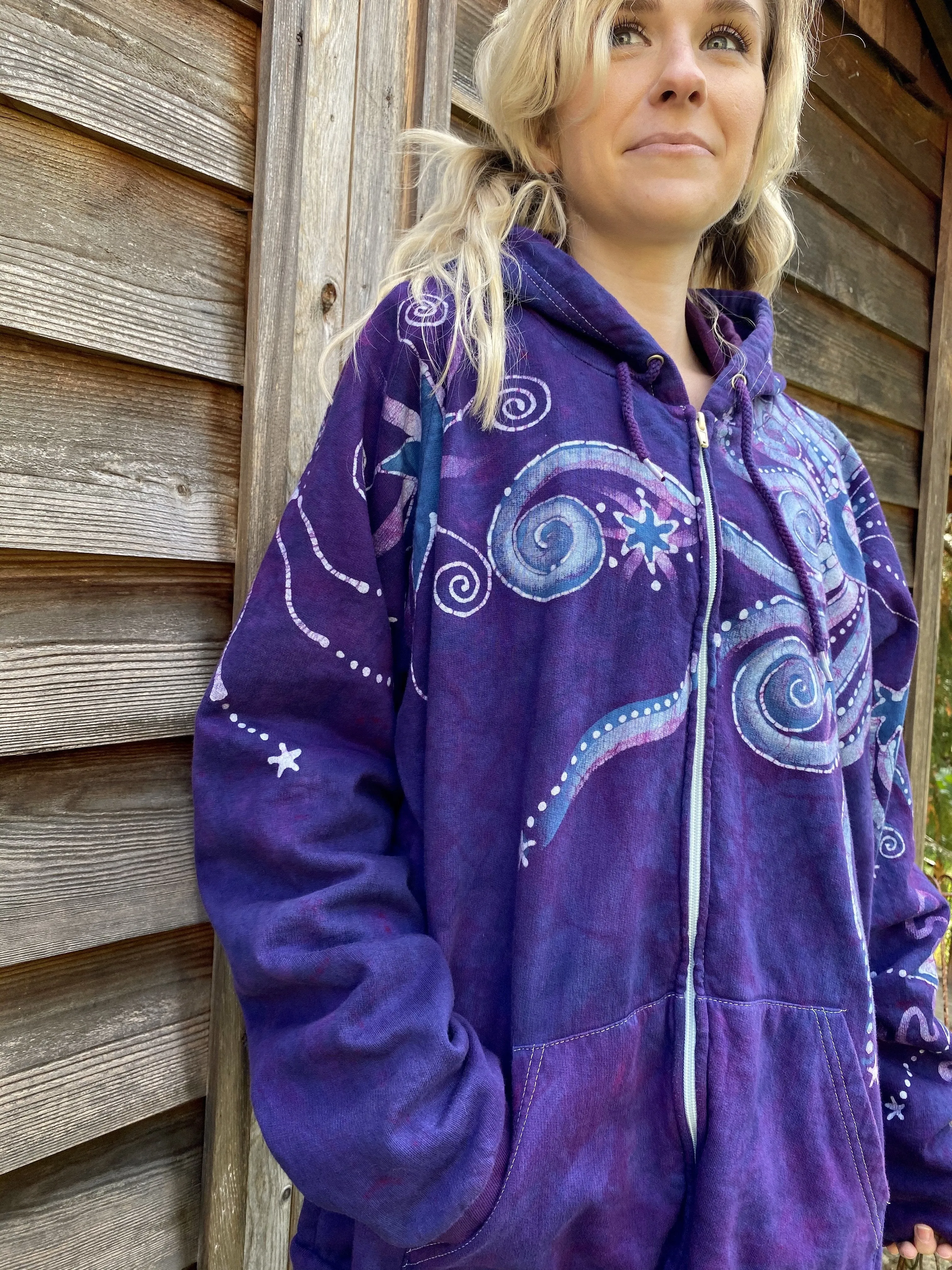 Stars and Moonbeams In Purple Passion - Organic Cotton Zip Up Batik Hoodie - in 2X
