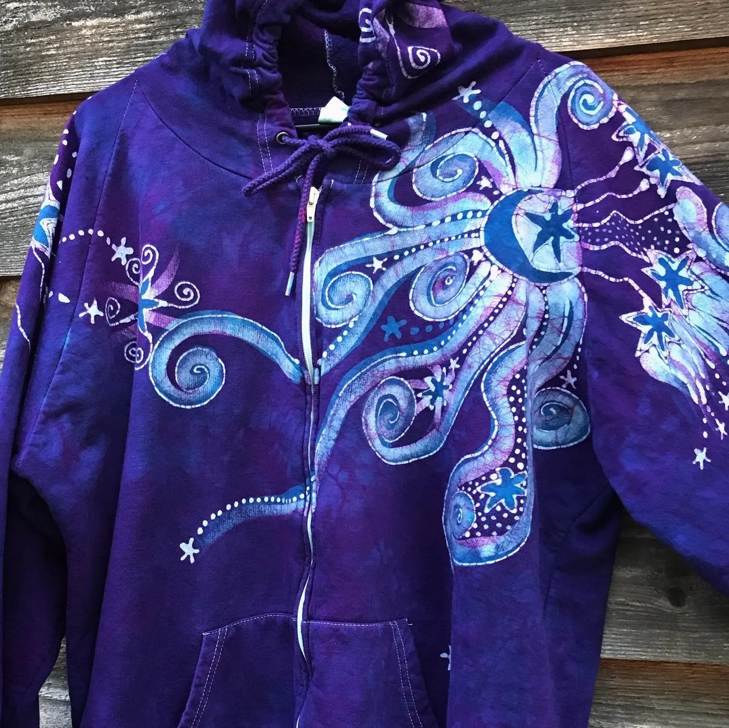 Stars and Moonbeams In Purple Passion - Organic Cotton Zip Up Batik Hoodie - in 2X
