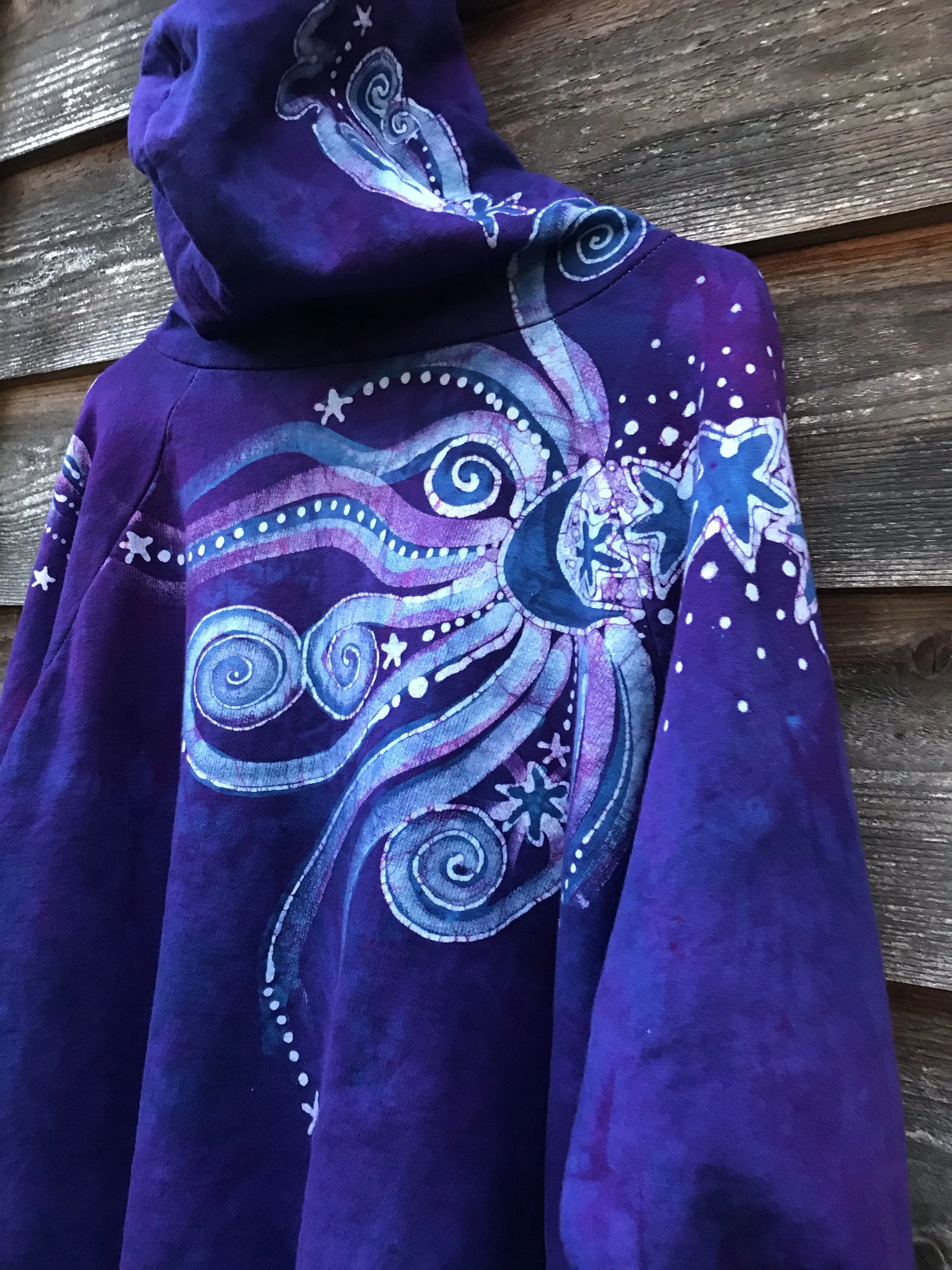Stars and Moonbeams In Purple Passion - Organic Cotton Zip Up Batik Hoodie - in 2X